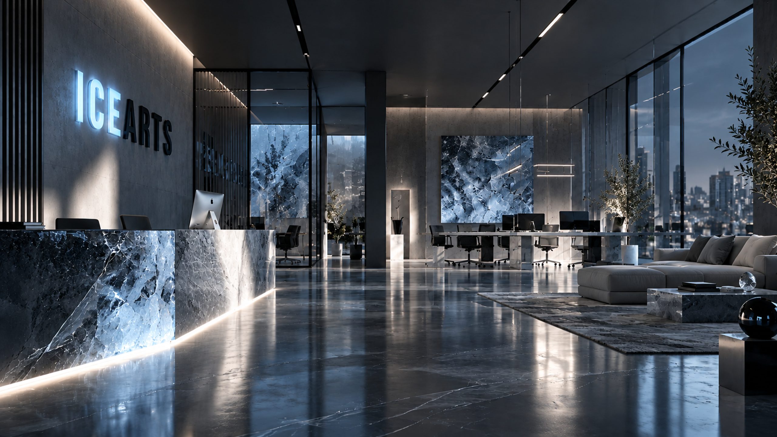 Hall d'accueil du studio ICE ARTS de nuit