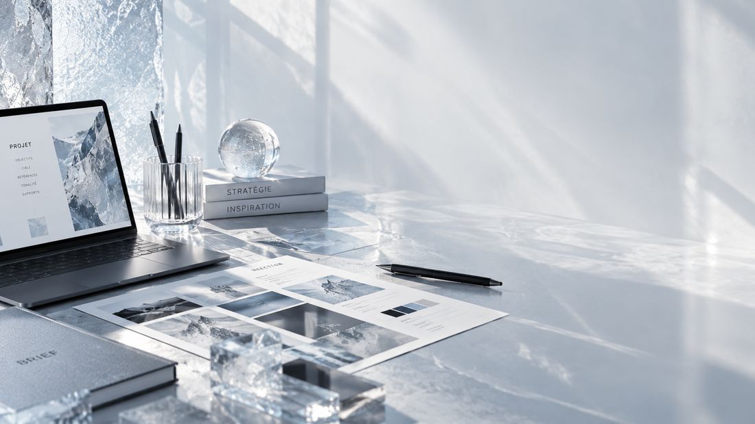 Bureau avec le brief du projet, ordinateur et moodboard