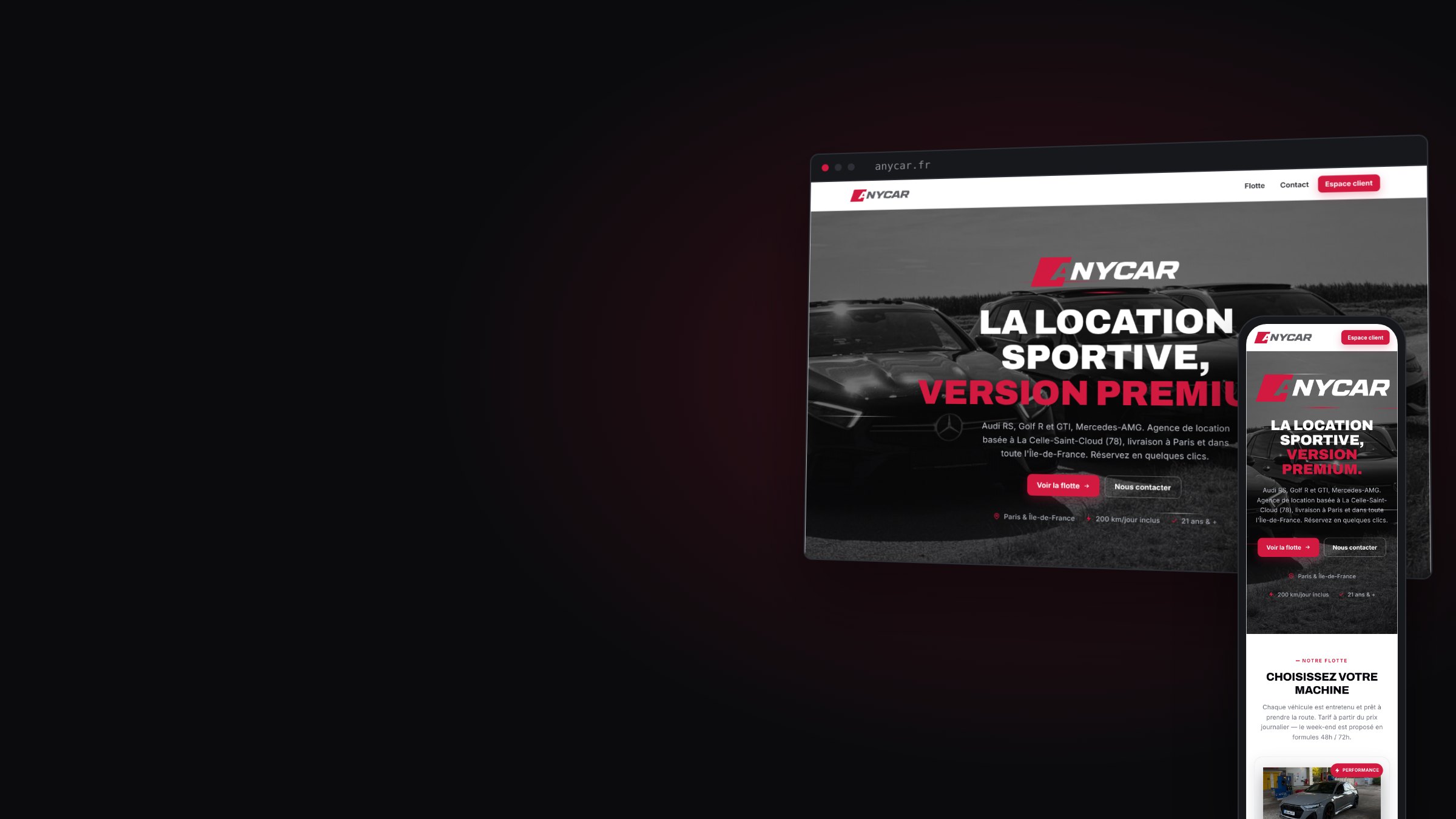 Le site anycar.fr présenté sur ordinateur et sur mobile, avec le logo ANYCAR