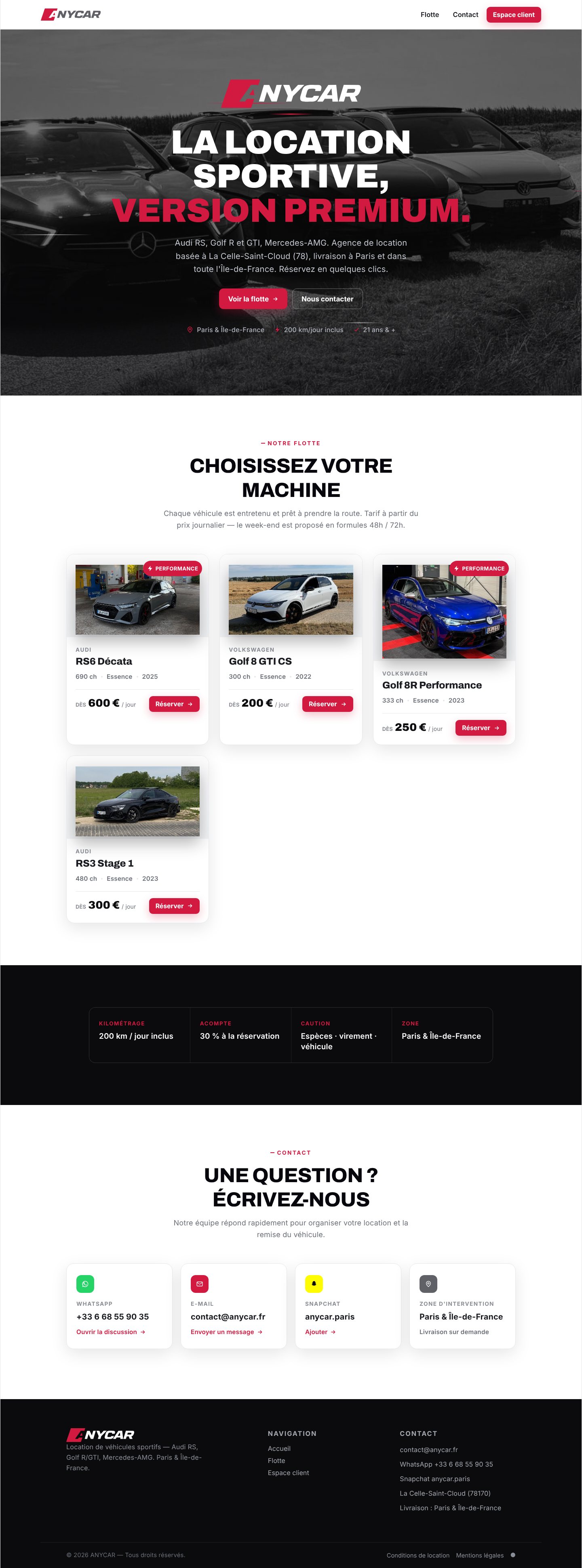 Page d'accueil complète du site anycar.fr sur ordinateur