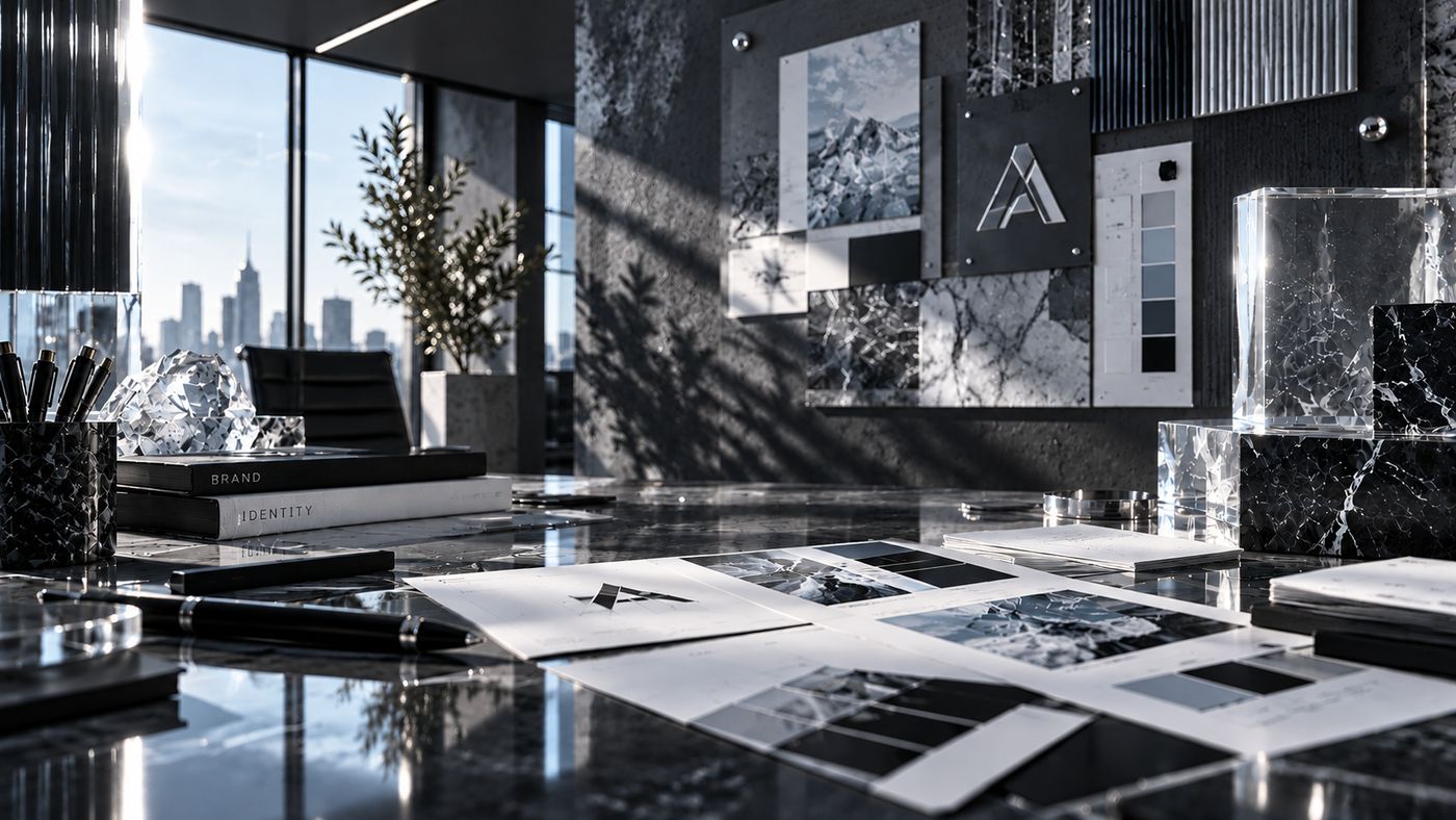 Moodboard d'identité de marque : palette, logo et matières