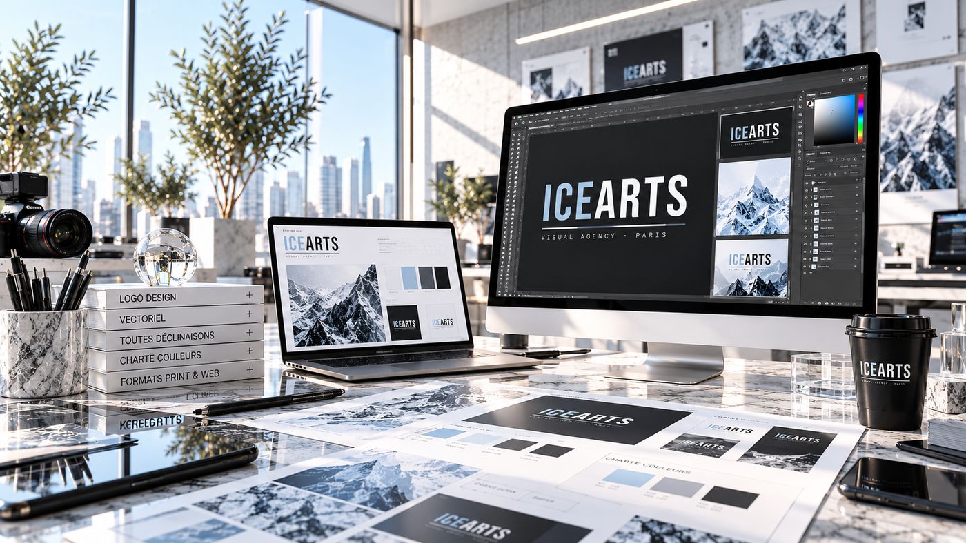 Croquis et déclinaisons de logo sur un bureau en marbre
